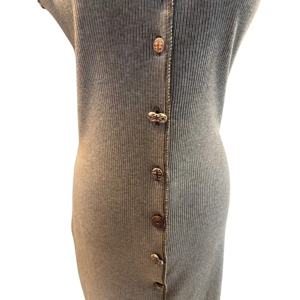 Cape Isle Knitters Tan Vintage Minimalist Dress Etched Unique Front Buttons S/M - Picture 3 of 6